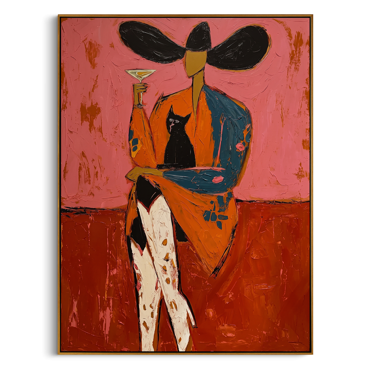 "Black Cat Martini Cowgirl" - Modern Heavy Impasto Western Animal Artwork | Pink & Orange Palette Knife Painting | Luxury Vertical Wall Art #PT 2353