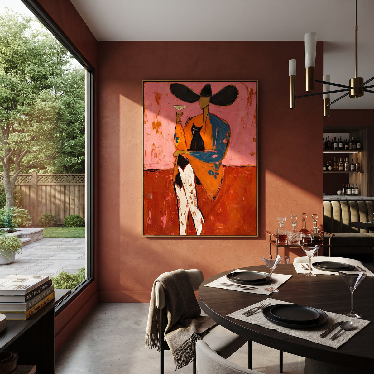 Black Cat Martini Cowgirl is written from the actual artwork image, focusing on a seated cowgirl with black cat, martini glass, and broad hat on a rose field. The composition is built from specific visible details: black cat on lap, martini glass, broad black hat, orange coat, pink wall, and crossed legs. The vertical composition keeps attention on black cat on lap, martini glass, broad black hat, orange coat, pink wall, and crossed legs, using open ground, cropped edges, and strong color blocks