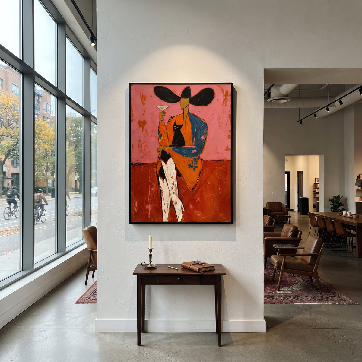 Black Cat Martini Cowgirl is written from the actual artwork image, focusing on a seated cowgirl with black cat, martini glass, and broad hat on a rose field. The composition is built from specific visible details: black cat on lap, martini glass, broad black hat, orange coat, pink wall, and crossed legs. The vertical composition keeps attention on black cat on lap, martini glass, broad black hat, orange coat, pink wall, and crossed legs, using open ground, cropped edges, and strong color blocks