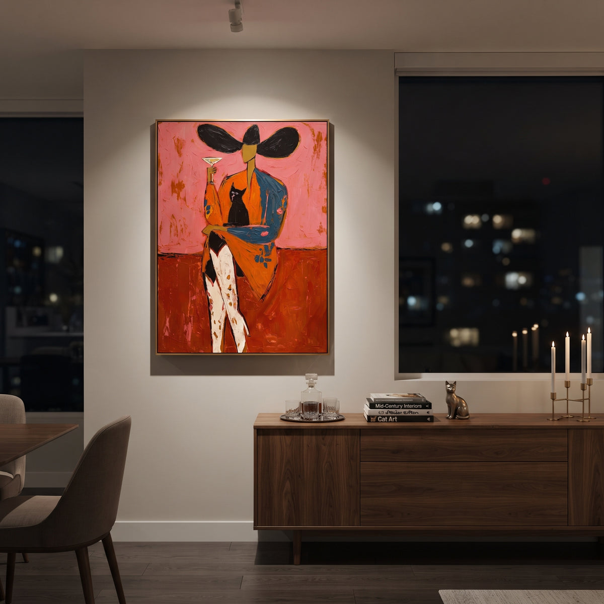 Black Cat Martini Cowgirl is written from the actual artwork image, focusing on a seated cowgirl with black cat, martini glass, and broad hat on a rose field. The composition is built from specific visible details: black cat on lap, martini glass, broad black hat, orange coat, pink wall, and crossed legs. The vertical composition keeps attention on black cat on lap, martini glass, broad black hat, orange coat, pink wall, and crossed legs, using open ground, cropped edges, and strong color blocks