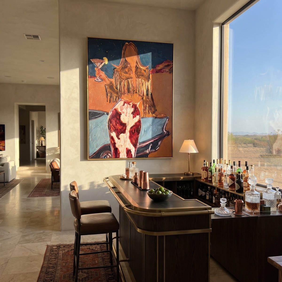 Desert Martini Muse is written from the actual artwork image, focusing on a rear-view cowgirl with martini glass near a truck bed and desert horizon. The composition is built from specific visible details: back view cowgirl, martini glass, truck bed edge, orange desert wall, fringe hair, and red shadow blocks. The vertical composition keeps attention on back view cowgirl, martini glass, truck bed edge, orange desert wall, fringe hair, and red shadow blocks, using open ground, cropped edges, and