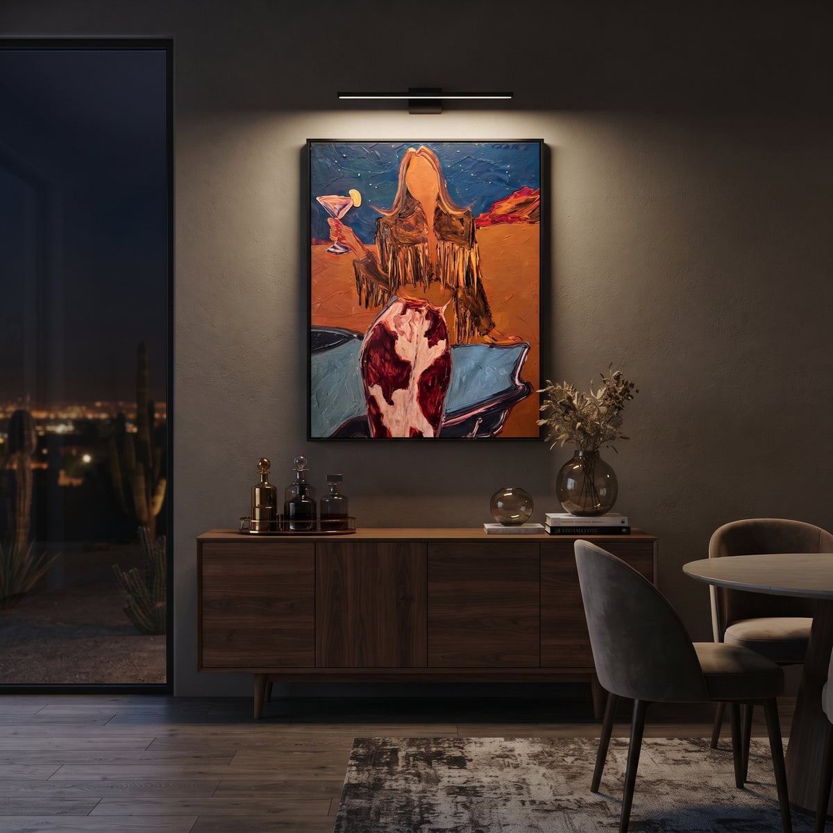 Desert Martini Muse is written from the actual artwork image, focusing on a rear-view cowgirl with martini glass near a truck bed and desert horizon. The composition is built from specific visible details: back view cowgirl, martini glass, truck bed edge, orange desert wall, fringe hair, and red shadow blocks. The vertical composition keeps attention on back view cowgirl, martini glass, truck bed edge, orange desert wall, fringe hair, and red shadow blocks, using open ground, cropped edges, and