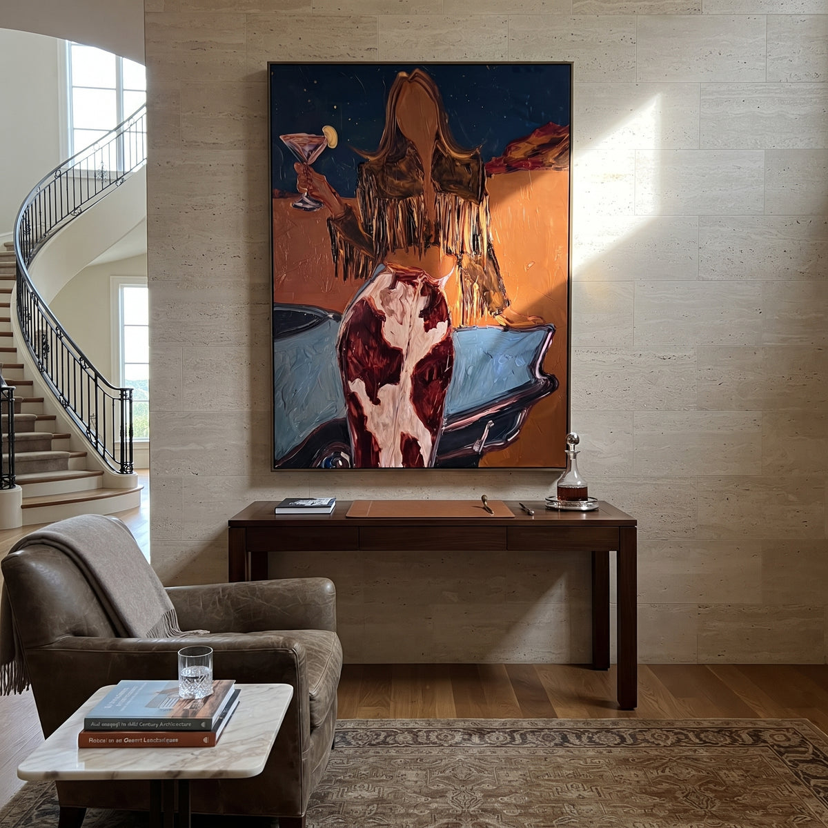 Desert Martini Muse is written from the actual artwork image, focusing on a rear-view cowgirl with martini glass near a truck bed and desert horizon. The composition is built from specific visible details: back view cowgirl, martini glass, truck bed edge, orange desert wall, fringe hair, and red shadow blocks. The vertical composition keeps attention on back view cowgirl, martini glass, truck bed edge, orange desert wall, fringe hair, and red shadow blocks, using open ground, cropped edges, and
