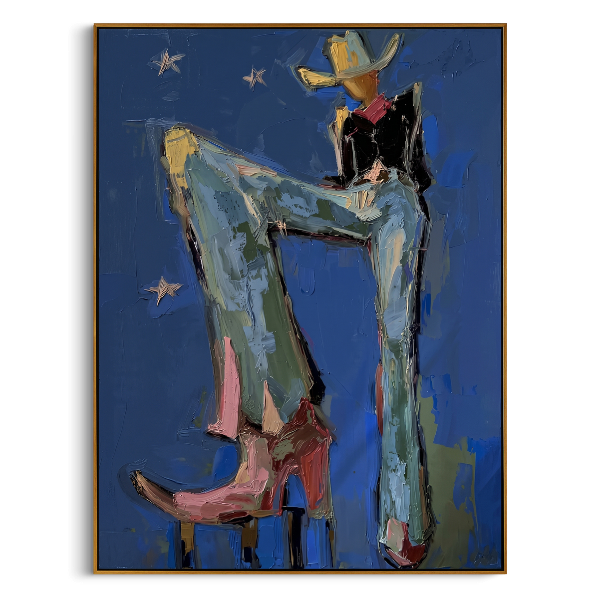 "Blue Boot Midnight Rodeo" - Modern Heavy Impasto Western Animal Artwork | Blue & Black Palette Knife Painting | Luxury Vertical Wall Art #PT 2355