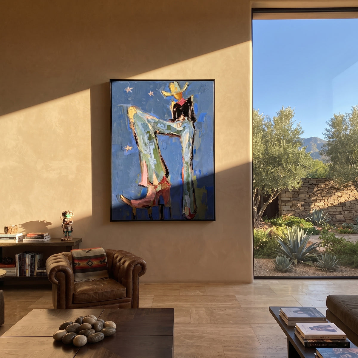 Blue Boot Midnight Rodeo is written from the actual artwork image, focusing on a lounging cowboy in blue boots and hat against a starry deep blue field. The composition is built from specific visible details: long blue legs, cowboy boots, black hat, small star marks, and relaxed rodeo chair posture. The vertical composition keeps attention on long blue legs, cowboy boots, black hat, small star marks, and relaxed rodeo chair posture, using open ground, cropped edges, and strong color blocks to