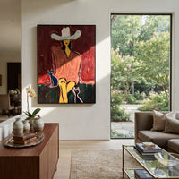 Cat Velvet Rodeo Seat is written from the actual artwork image, focusing on a seated cowgirl with white hat and small cats against a dark velvet red room. The composition is built from specific visible details: white hat, dark face, crossed legs, two small cats, velvet red wall, and green seat shadow. The vertical composition keeps attention on white hat, dark face, crossed legs, two small cats, velvet red wall, and green seat shadow, using open ground, cropped edges, and strong color blocks to