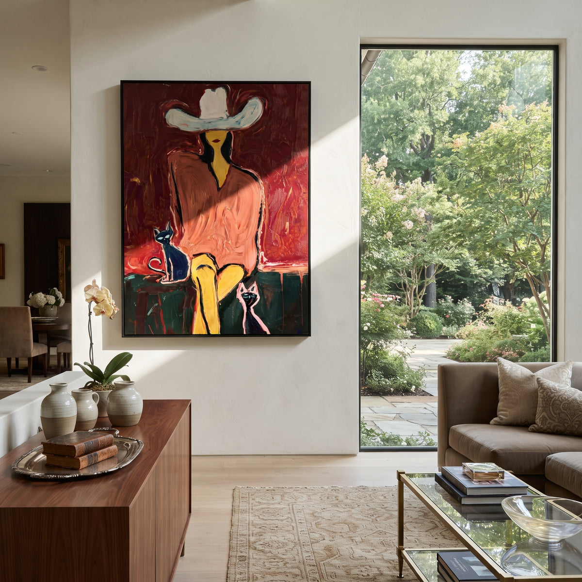 Cat Velvet Rodeo Seat is written from the actual artwork image, focusing on a seated cowgirl with white hat and small cats against a dark velvet red room. The composition is built from specific visible details: white hat, dark face, crossed legs, two small cats, velvet red wall, and green seat shadow. The vertical composition keeps attention on white hat, dark face, crossed legs, two small cats, velvet red wall, and green seat shadow, using open ground, cropped edges, and strong color blocks to