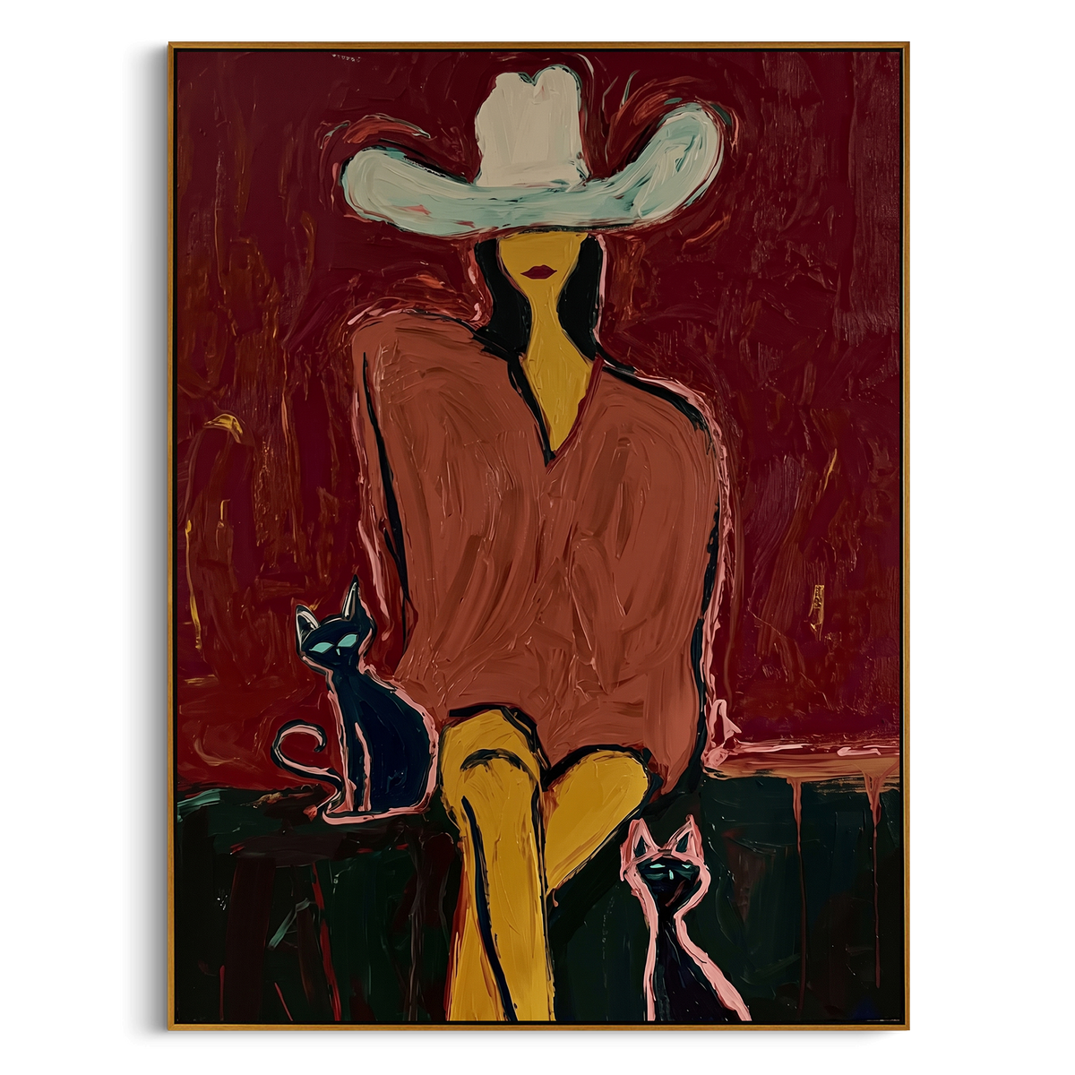 "Cat Velvet Rodeo Seat" - Modern Heavy Impasto Western Animal Artwork | Red & Black Palette Knife Painting | Luxury Vertical Wall Art #PT 2357