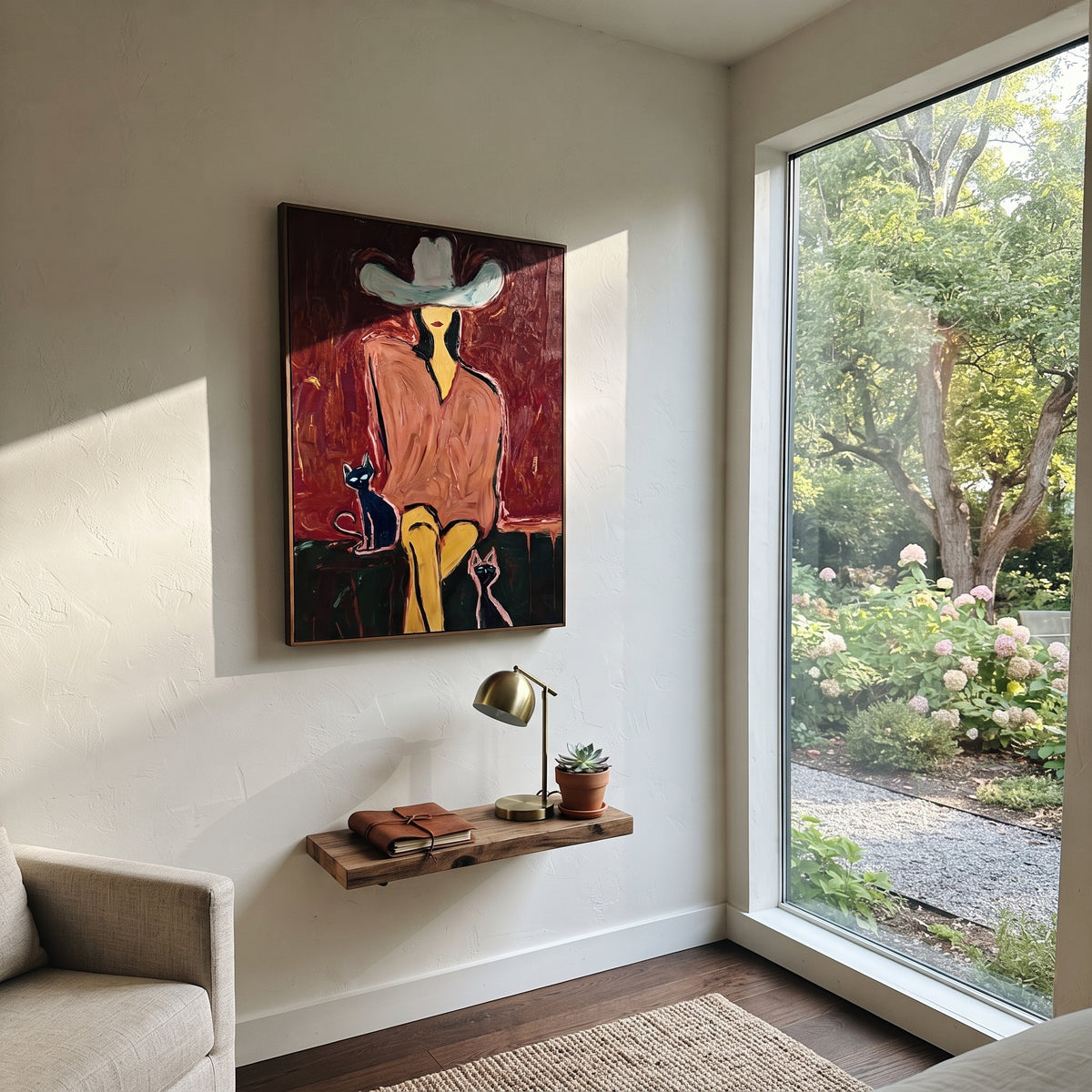 Cat Velvet Rodeo Seat is written from the actual artwork image, focusing on a seated cowgirl with white hat and small cats against a dark velvet red room. The composition is built from specific visible details: white hat, dark face, crossed legs, two small cats, velvet red wall, and green seat shadow. The vertical composition keeps attention on white hat, dark face, crossed legs, two small cats, velvet red wall, and green seat shadow, using open ground, cropped edges, and strong color blocks to