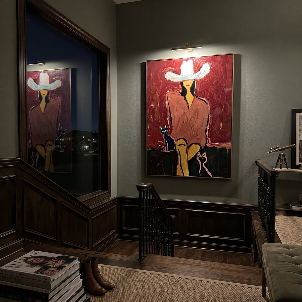 Cat Velvet Rodeo Seat is written from the actual artwork image, focusing on a seated cowgirl with white hat and small cats against a dark velvet red room. The composition is built from specific visible details: white hat, dark face, crossed legs, two small cats, velvet red wall, and green seat shadow. The vertical composition keeps attention on white hat, dark face, crossed legs, two small cats, velvet red wall, and green seat shadow, using open ground, cropped edges, and strong color blocks to