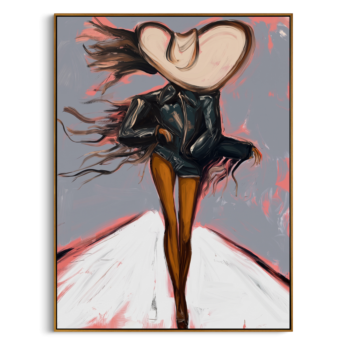 Desert Runway Hat is written from the actual artwork image, focusing on a walking cowgirl with oversized white hat and windblown hair on a pale runway. The composition is built from specific visible details: large white hat, black blouse, long legs, windblown hair, pale runway, and pink sky accents. The vertical composition keeps attention on large white hat, black blouse, long legs, windblown hair, pale runway, and pink sky accents, using open ground, cropped edges, and strong color blocks to