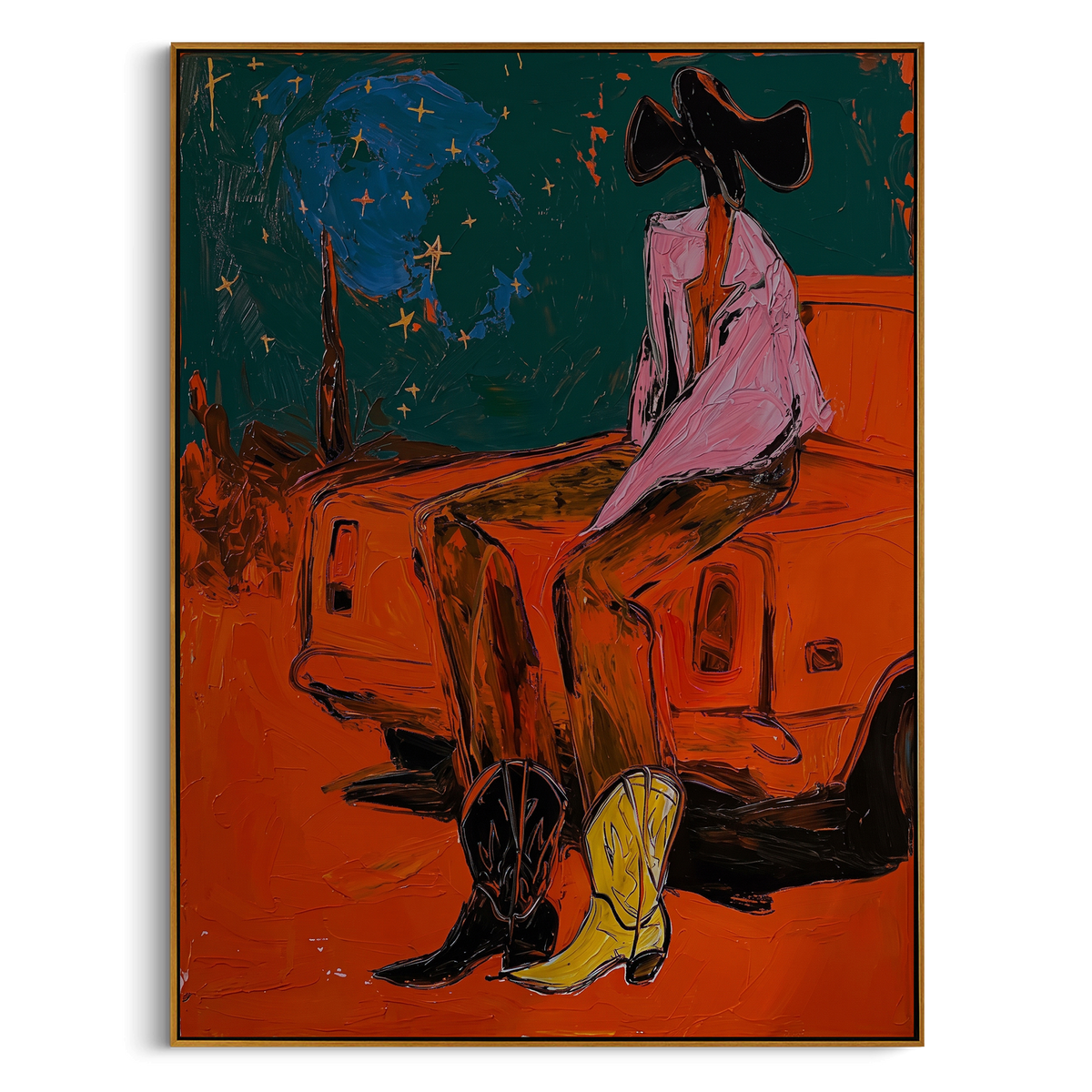 Midnight Truck Cowgirl is written from the actual artwork image, focusing on a cowgirl sitting by an orange truck under teal night with yellow boots. The composition is built from specific visible details: orange truck body, seated pink figure, yellow boots, teal night sky, and roadside western setting. The vertical composition keeps attention on orange truck body, seated pink figure, yellow boots, teal night sky, and roadside western setting, using open ground, cropped edges, and strong color