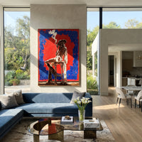Red Smoking Cowgirl Chair is written from the actual artwork image, focusing on a smoking cowgirl seated on a chair inside a red field with blue border. The composition is built from specific visible details: seated black figure, cigarette smoke, red center field, blue border, and stark chair silhouette. The vertical composition keeps attention on seated black figure, cigarette smoke, red center field, blue border, and stark chair silhouette, using open ground, cropped edges, and strong color