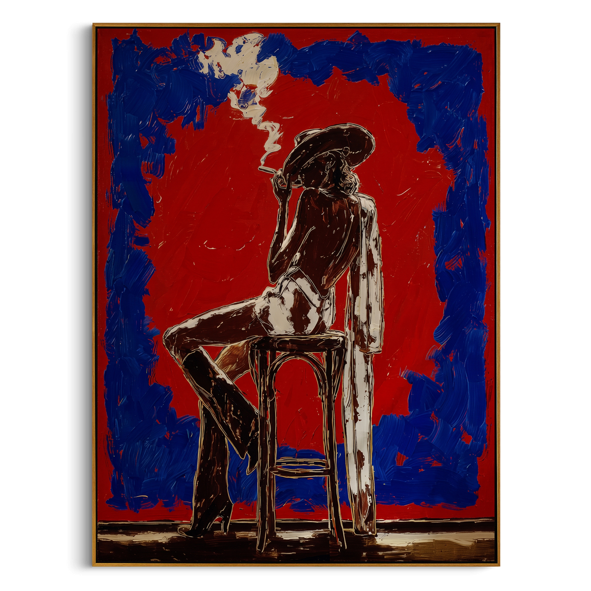 "Red Smoking Cowgirl Chair" - Modern Heavy Impasto Western Animal Artwork | Red & Blue Palette Knife Painting | Luxury Vertical Wall Art #PT 2360