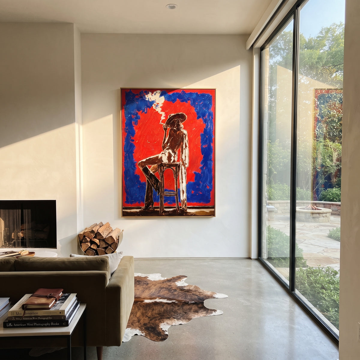 Red Smoking Cowgirl Chair is written from the actual artwork image, focusing on a smoking cowgirl seated on a chair inside a red field with blue border. The composition is built from specific visible details: seated black figure, cigarette smoke, red center field, blue border, and stark chair silhouette. The vertical composition keeps attention on seated black figure, cigarette smoke, red center field, blue border, and stark chair silhouette, using open ground, cropped edges, and strong color