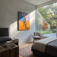 Dusk Cigarette Cowboy is written from the actual artwork image, focusing on a standing cowboy smoking at dusk with blue sky and orange wall. The composition is built from specific visible details: standing dark figure, cigarette smoke, yellow hat, orange wall, blue upper field, and lean posture. The vertical composition keeps attention on standing dark figure, cigarette smoke, yellow hat, orange wall, blue upper field, and lean posture, using open ground, cropped edges, and strong color blocks