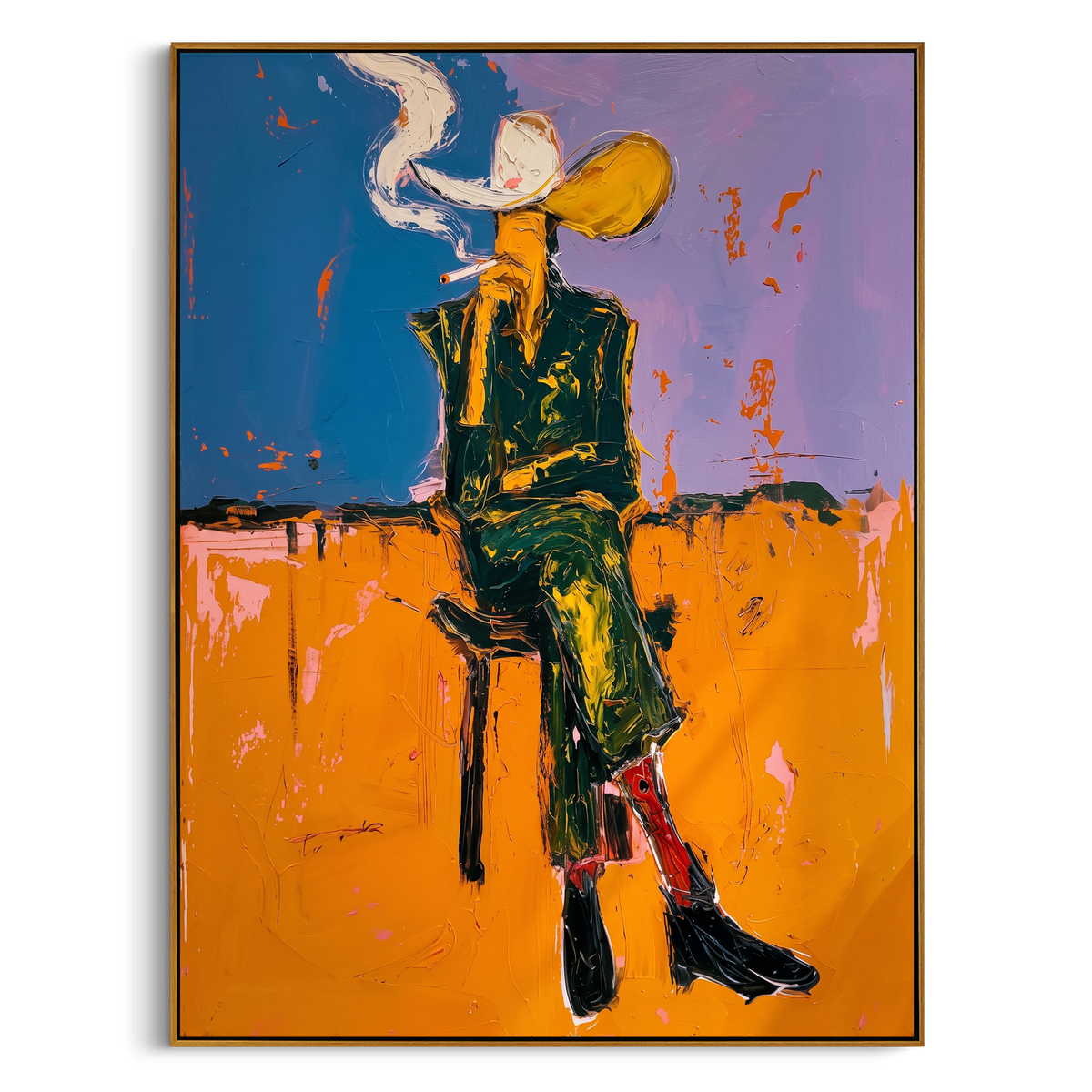 Dusk Cigarette Cowboy is written from the actual artwork image, focusing on a standing cowboy smoking at dusk with blue sky and orange wall. The composition is built from specific visible details: standing dark figure, cigarette smoke, yellow hat, orange wall, blue upper field, and lean posture. The vertical composition keeps attention on standing dark figure, cigarette smoke, yellow hat, orange wall, blue upper field, and lean posture, using open ground, cropped edges, and strong color blocks