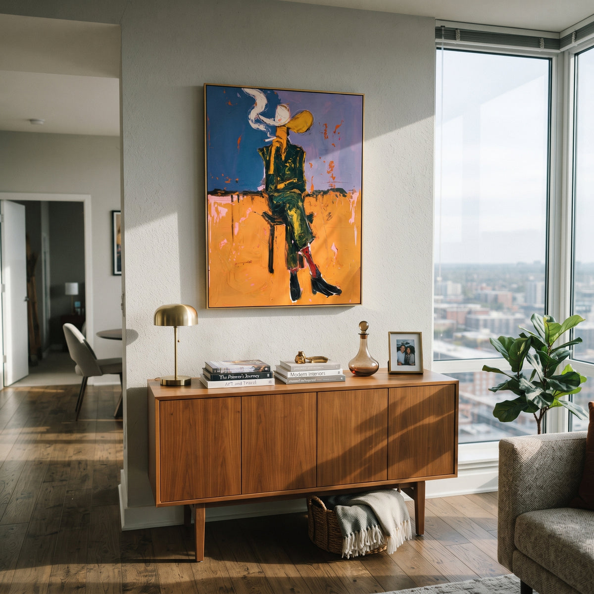 Dusk Cigarette Cowboy is written from the actual artwork image, focusing on a standing cowboy smoking at dusk with blue sky and orange wall. The composition is built from specific visible details: standing dark figure, cigarette smoke, yellow hat, orange wall, blue upper field, and lean posture. The vertical composition keeps attention on standing dark figure, cigarette smoke, yellow hat, orange wall, blue upper field, and lean posture, using open ground, cropped edges, and strong color blocks