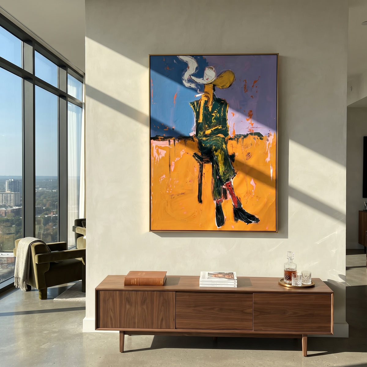 Dusk Cigarette Cowboy is written from the actual artwork image, focusing on a standing cowboy smoking at dusk with blue sky and orange wall. The composition is built from specific visible details: standing dark figure, cigarette smoke, yellow hat, orange wall, blue upper field, and lean posture. The vertical composition keeps attention on standing dark figure, cigarette smoke, yellow hat, orange wall, blue upper field, and lean posture, using open ground, cropped edges, and strong color blocks