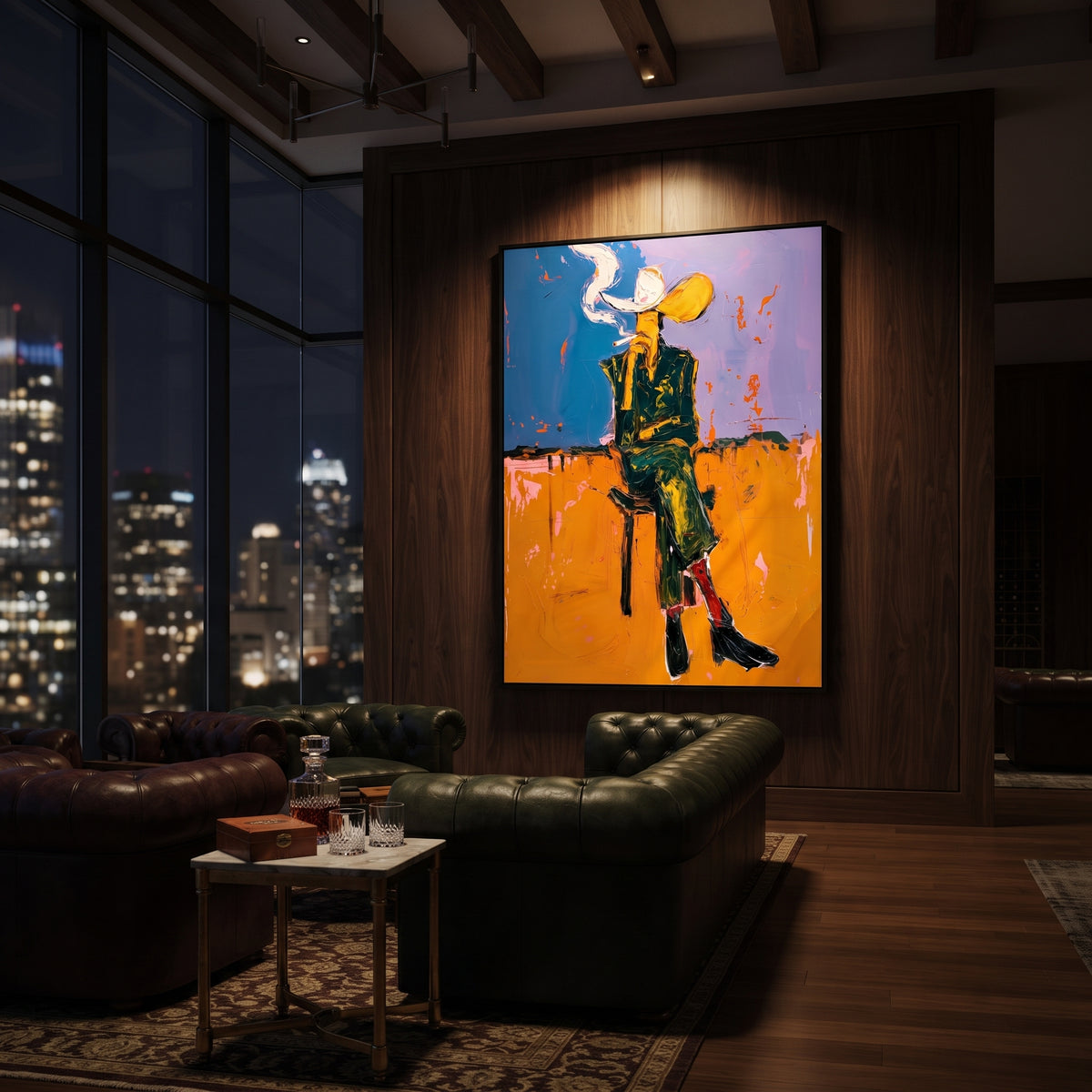 Dusk Cigarette Cowboy is written from the actual artwork image, focusing on a standing cowboy smoking at dusk with blue sky and orange wall. The composition is built from specific visible details: standing dark figure, cigarette smoke, yellow hat, orange wall, blue upper field, and lean posture. The vertical composition keeps attention on standing dark figure, cigarette smoke, yellow hat, orange wall, blue upper field, and lean posture, using open ground, cropped edges, and strong color blocks