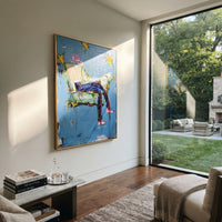 Dreamy Star Lounge Cowboy is written from the actual artwork image, focusing on a reclining cowboy on a chair with blue wall, yellow stars, and cocktail glass. The composition is built from specific visible details: tilted chair, reclining legs, yellow stars, blue wall, cocktail glass, and loose lounge geometry. The vertical composition keeps attention on tilted chair, reclining legs, yellow stars, blue wall, cocktail glass, and loose lounge geometry, using open ground, cropped edges, and strong