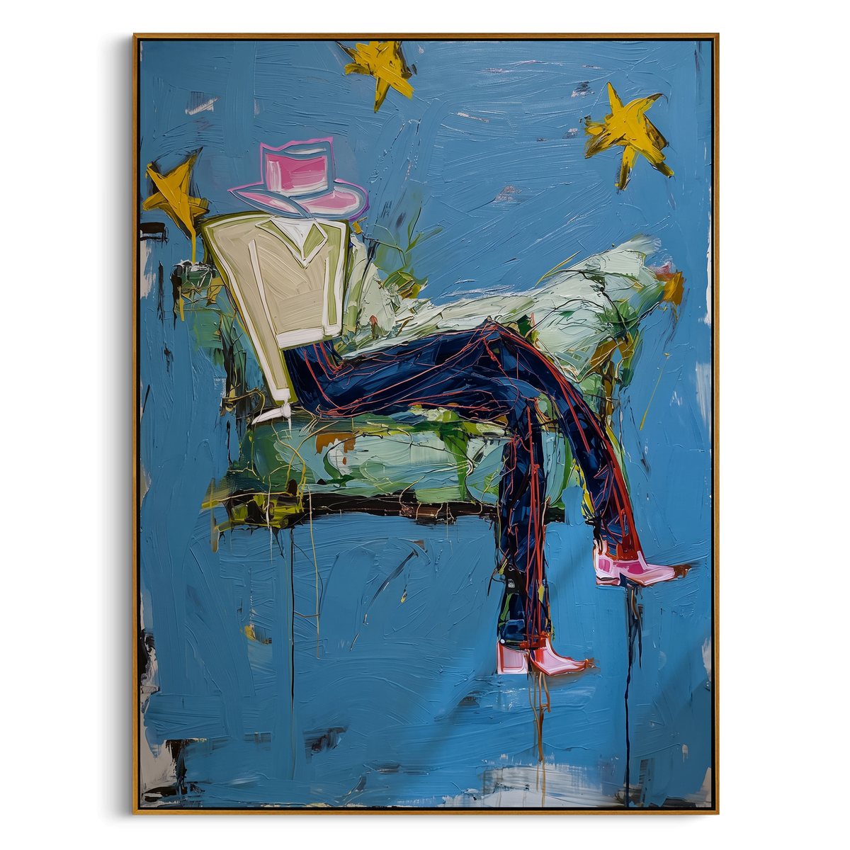 "Dreamy Star Lounge Cowboy" - Modern Heavy Impasto Western Animal Artwork | Blue & Yellow Palette Knife Painting | Luxury Vertical Wall Art #PT 2362