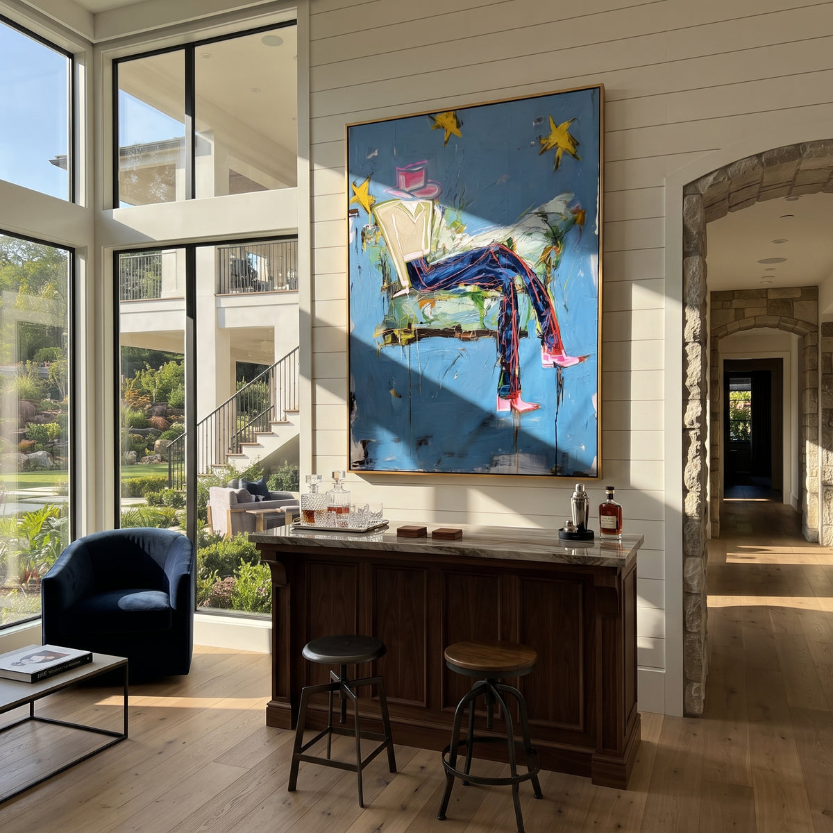 Dreamy Star Lounge Cowboy is written from the actual artwork image, focusing on a reclining cowboy on a chair with blue wall, yellow stars, and cocktail glass. The composition is built from specific visible details: tilted chair, reclining legs, yellow stars, blue wall, cocktail glass, and loose lounge geometry. The vertical composition keeps attention on tilted chair, reclining legs, yellow stars, blue wall, cocktail glass, and loose lounge geometry, using open ground, cropped edges, and strong
