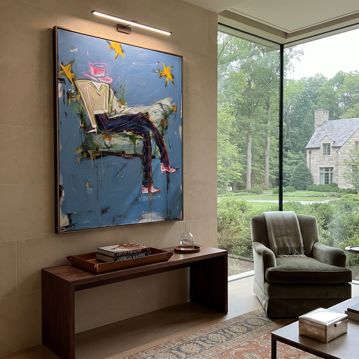 Dreamy Star Lounge Cowboy is written from the actual artwork image, focusing on a reclining cowboy on a chair with blue wall, yellow stars, and cocktail glass. The composition is built from specific visible details: tilted chair, reclining legs, yellow stars, blue wall, cocktail glass, and loose lounge geometry. The vertical composition keeps attention on tilted chair, reclining legs, yellow stars, blue wall, cocktail glass, and loose lounge geometry, using open ground, cropped edges, and strong