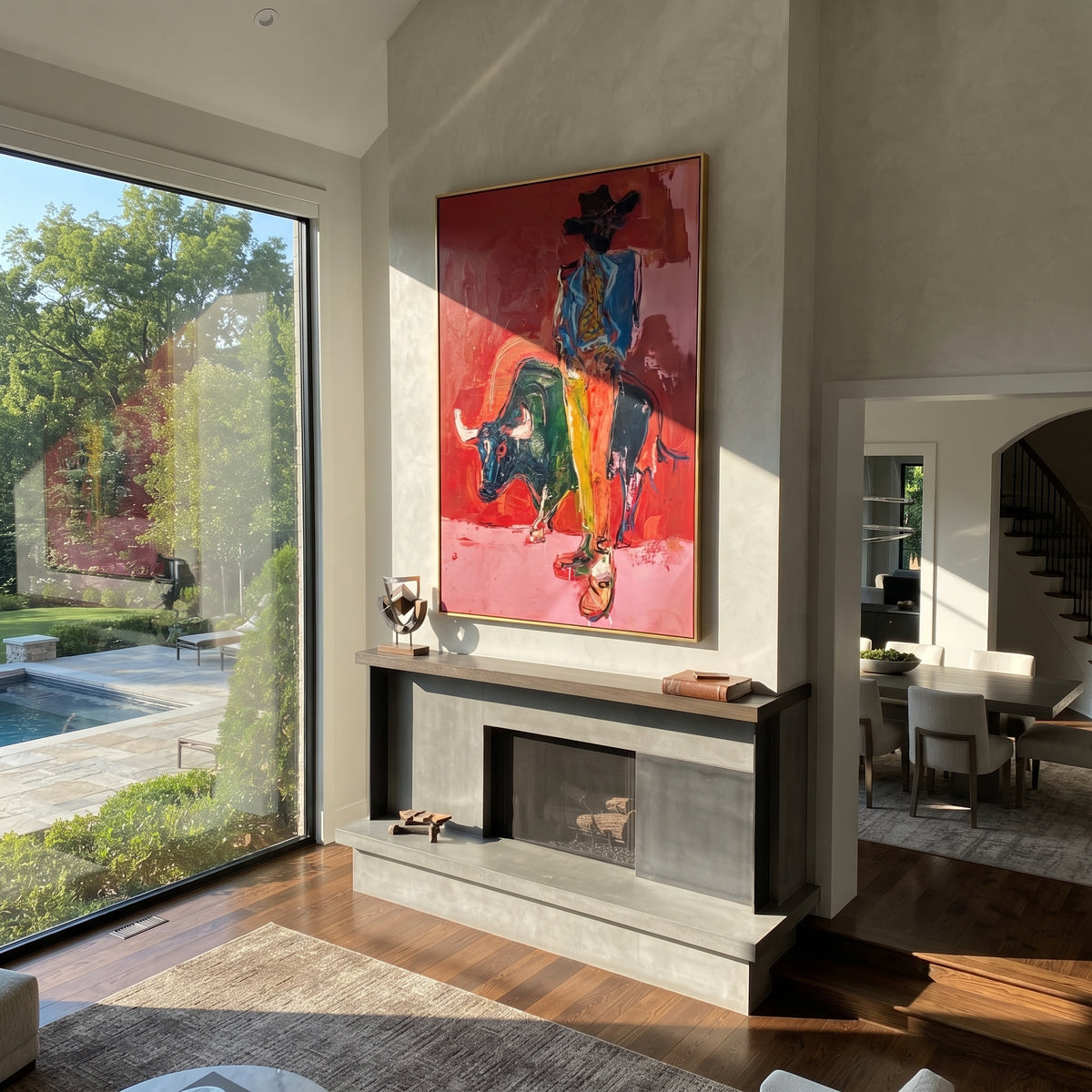 Modern Bullfighter Red is written from the actual artwork image, focusing on a modern bullfighter figure with black bull shape on a red and pink ground. The composition is built from specific visible details: standing figure, black bull mass, red wall, pink floor, and dramatic vertical confrontation. The vertical composition keeps attention on standing figure, black bull mass, red wall, pink floor, and dramatic vertical confrontation, using open ground, cropped edges, and strong color blocks to