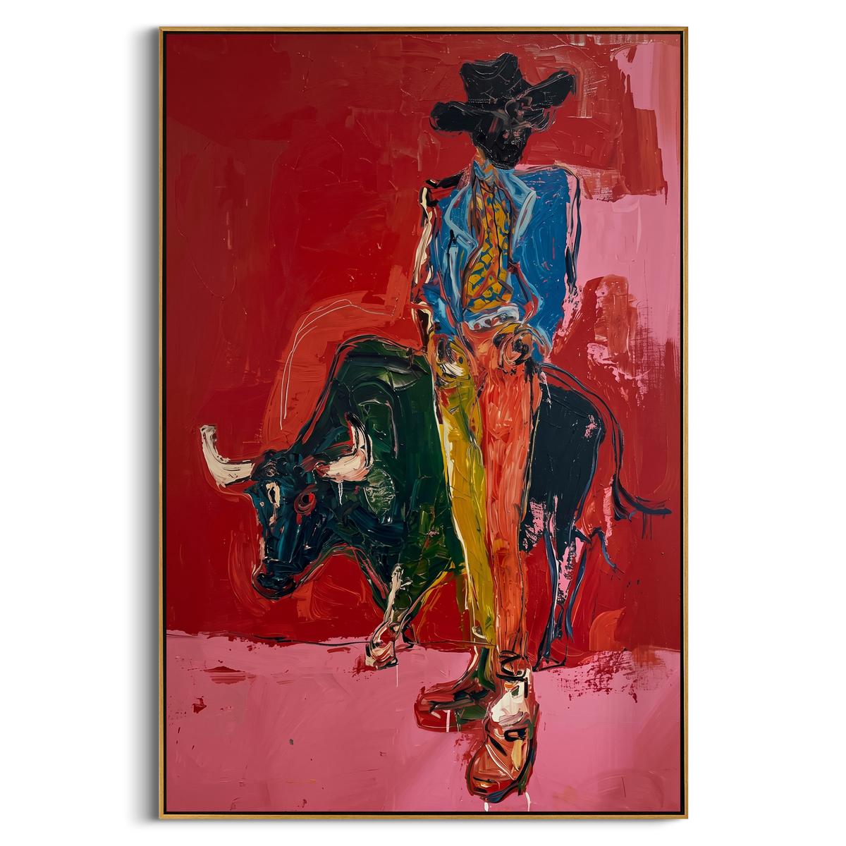 Modern Bullfighter Red is written from the actual artwork image, focusing on a modern bullfighter figure with black bull shape on a red and pink ground. The composition is built from specific visible details: standing figure, black bull mass, red wall, pink floor, and dramatic vertical confrontation. The vertical composition keeps attention on standing figure, black bull mass, red wall, pink floor, and dramatic vertical confrontation, using open ground, cropped edges, and strong color blocks to