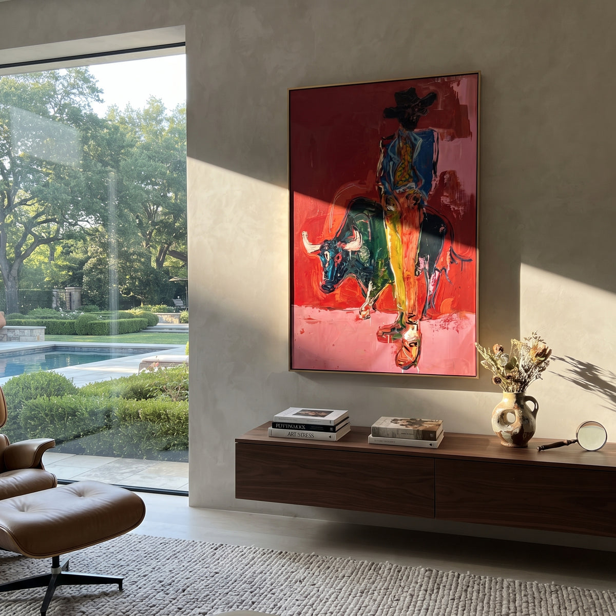 Modern Bullfighter Red is written from the actual artwork image, focusing on a modern bullfighter figure with black bull shape on a red and pink ground. The composition is built from specific visible details: standing figure, black bull mass, red wall, pink floor, and dramatic vertical confrontation. The vertical composition keeps attention on standing figure, black bull mass, red wall, pink floor, and dramatic vertical confrontation, using open ground, cropped edges, and strong color blocks to
