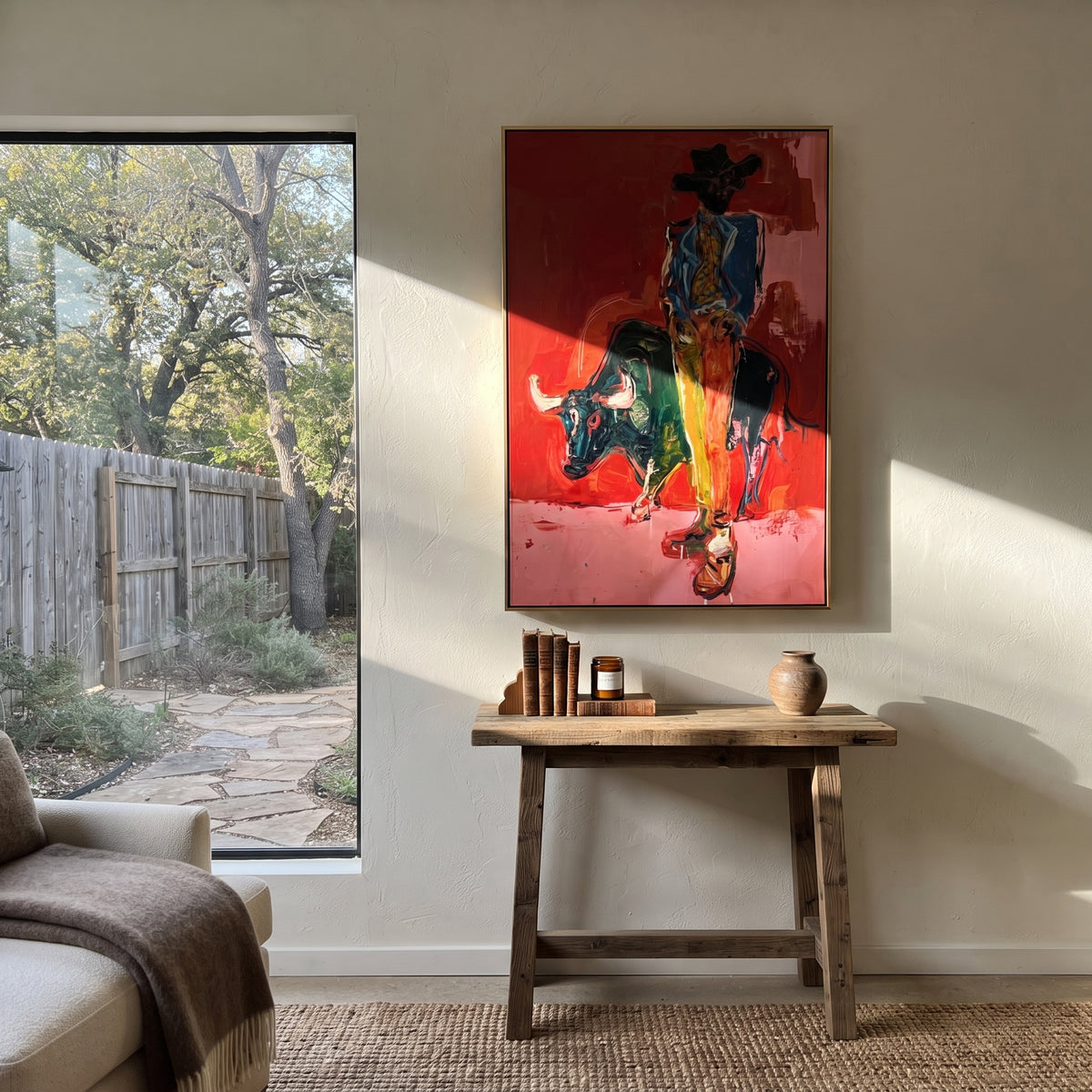 Modern Bullfighter Red is written from the actual artwork image, focusing on a modern bullfighter figure with black bull shape on a red and pink ground. The composition is built from specific visible details: standing figure, black bull mass, red wall, pink floor, and dramatic vertical confrontation. The vertical composition keeps attention on standing figure, black bull mass, red wall, pink floor, and dramatic vertical confrontation, using open ground, cropped edges, and strong color blocks to