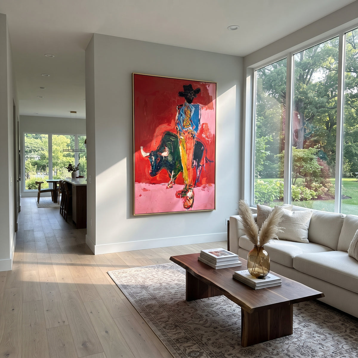 Modern Bullfighter Red is written from the actual artwork image, focusing on a modern bullfighter figure with black bull shape on a red and pink ground. The composition is built from specific visible details: standing figure, black bull mass, red wall, pink floor, and dramatic vertical confrontation. The vertical composition keeps attention on standing figure, black bull mass, red wall, pink floor, and dramatic vertical confrontation, using open ground, cropped edges, and strong color blocks to
