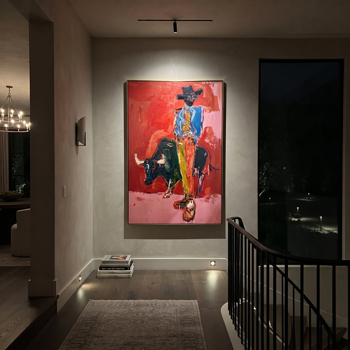 Modern Bullfighter Red is written from the actual artwork image, focusing on a modern bullfighter figure with black bull shape on a red and pink ground. The composition is built from specific visible details: standing figure, black bull mass, red wall, pink floor, and dramatic vertical confrontation. The vertical composition keeps attention on standing figure, black bull mass, red wall, pink floor, and dramatic vertical confrontation, using open ground, cropped edges, and strong color blocks to