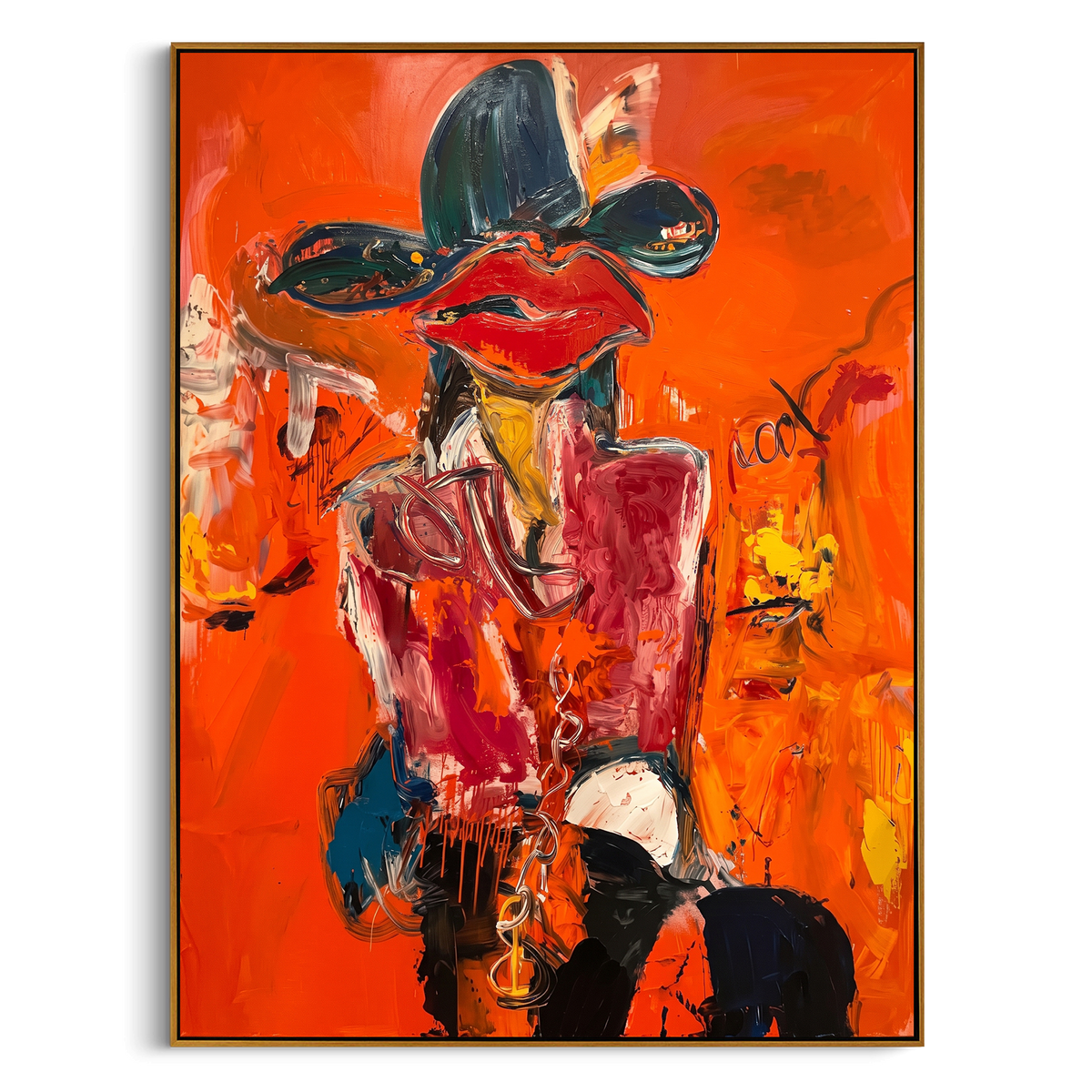 Orange Spice Saddle Cowgirl is written from the actual artwork image, focusing on a large-lipped cowgirl with black hat and orange fiery background. The composition is built from specific visible details: oversized black hat, red lips, orange field, yellow shirt, floral marks, and close fashion pose. The vertical composition keeps attention on oversized black hat, red lips, orange field, yellow shirt, floral marks, and close fashion pose, using open ground, cropped edges, and strong color blocks