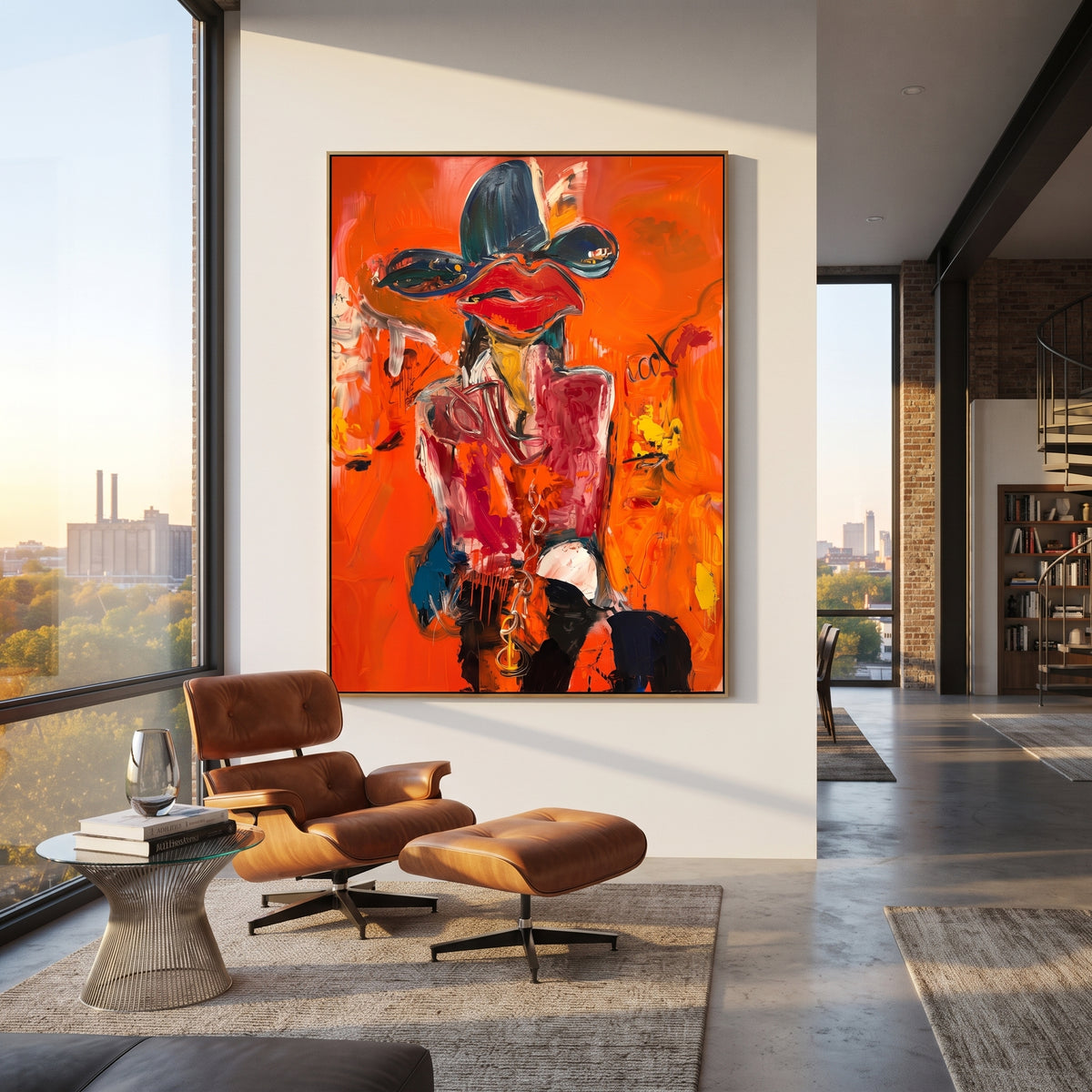 Orange Spice Saddle Cowgirl is written from the actual artwork image, focusing on a large-lipped cowgirl with black hat and orange fiery background. The composition is built from specific visible details: oversized black hat, red lips, orange field, yellow shirt, floral marks, and close fashion pose. The vertical composition keeps attention on oversized black hat, red lips, orange field, yellow shirt, floral marks, and close fashion pose, using open ground, cropped edges, and strong color blocks