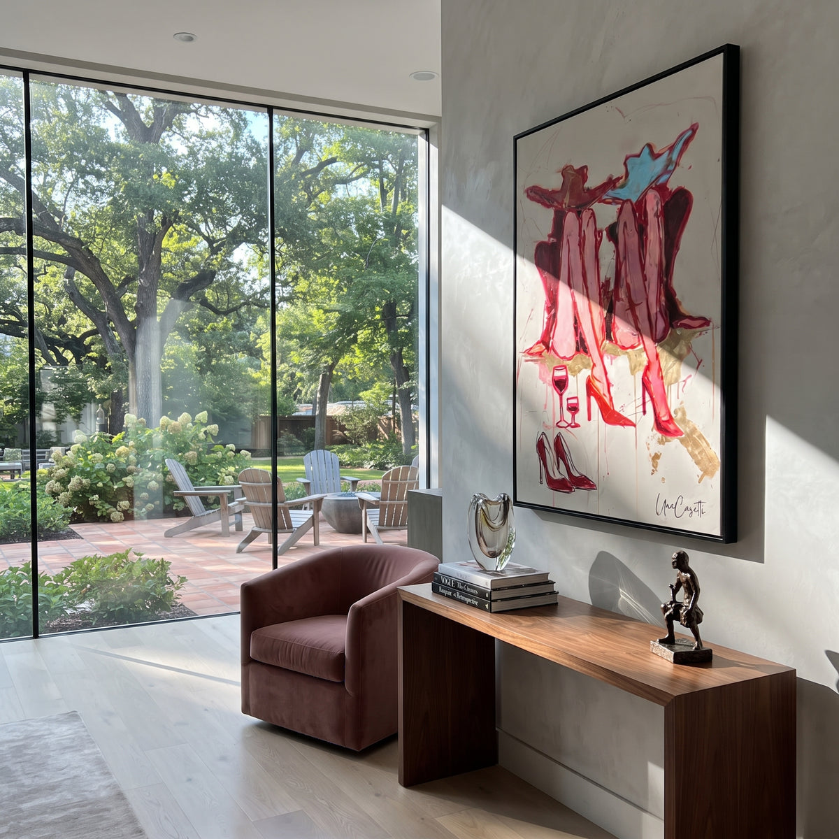 Red Boot Wine Cowgirl is written from the actual artwork image, focusing on red cowboy boots with wine glass and scattered shoes on a pale ground. The composition is built from specific visible details: red boots, wine glass, small shoes, pale background, and playful fashion still-life layout. The vertical composition keeps attention on red boots, wine glass, small shoes, pale background, and playful fashion still-life layout, using open ground, cropped edges, and strong color blocks to make the