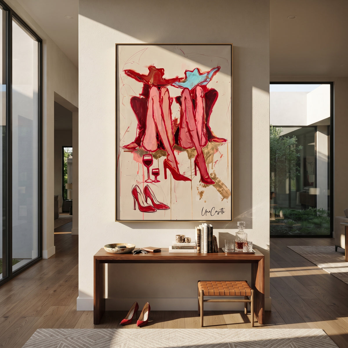 Red Boot Wine Cowgirl is written from the actual artwork image, focusing on red cowboy boots with wine glass and scattered shoes on a pale ground. The composition is built from specific visible details: red boots, wine glass, small shoes, pale background, and playful fashion still-life layout. The vertical composition keeps attention on red boots, wine glass, small shoes, pale background, and playful fashion still-life layout, using open ground, cropped edges, and strong color blocks to make the