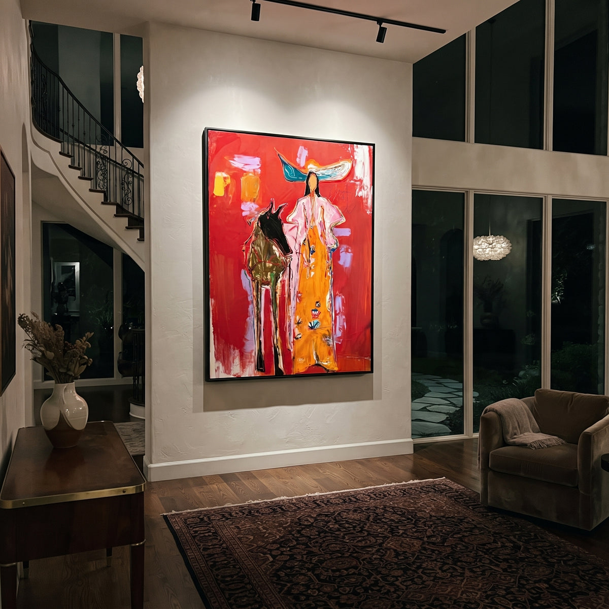 Dust Devotion Horse Cowgirl is written from the actual artwork image, focusing on a cowgirl and horse standing together on a red field with orange dress and white hat. The composition is built from specific visible details: white hat, orange dress, horse beside figure, red wall, small glass accents, and devotional stance. The vertical composition keeps attention on white hat, orange dress, horse beside figure, red wall, small glass accents, and devotional stance, using open ground, cropped