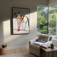 White Horse Modern Cowboy is written from the actual artwork image, focusing on a modern cowboy in striped trousers holding a white horse on a pale blue ground. The composition is built from specific visible details: white horse, tall cowboy, striped pink trousers, pale blue ground, and spare fashion linework. The vertical composition keeps attention on white horse, tall cowboy, striped pink trousers, pale blue ground, and spare fashion linework, using open ground, cropped edges, and strong