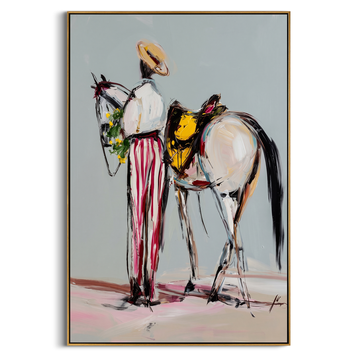 White Horse Modern Cowboy is written from the actual artwork image, focusing on a modern cowboy in striped trousers holding a white horse on a pale blue ground. The composition is built from specific visible details: white horse, tall cowboy, striped pink trousers, pale blue ground, and spare fashion linework. The vertical composition keeps attention on white horse, tall cowboy, striped pink trousers, pale blue ground, and spare fashion linework, using open ground, cropped edges, and strong
