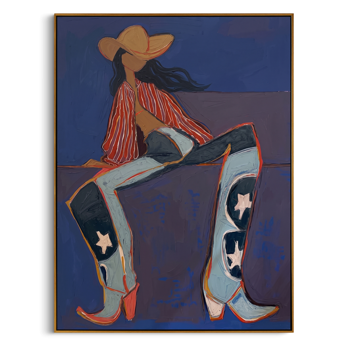 Star Boots Cowgirl Seat is written from the actual artwork image, focusing on a seated cowgirl with huge star boots and striped shirt on a deep blue chair. The composition is built from specific visible details: oversized boots with stars, seated pose, orange hat, striped shirt, and deep blue chair plane. The vertical composition keeps attention on oversized boots with stars, seated pose, orange hat, striped shirt, and deep blue chair plane, using open ground, cropped edges, and strong color