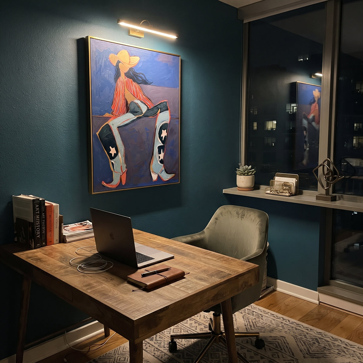 Star Boots Cowgirl Seat is written from the actual artwork image, focusing on a seated cowgirl with huge star boots and striped shirt on a deep blue chair. The composition is built from specific visible details: oversized boots with stars, seated pose, orange hat, striped shirt, and deep blue chair plane. The vertical composition keeps attention on oversized boots with stars, seated pose, orange hat, striped shirt, and deep blue chair plane, using open ground, cropped edges, and strong color
