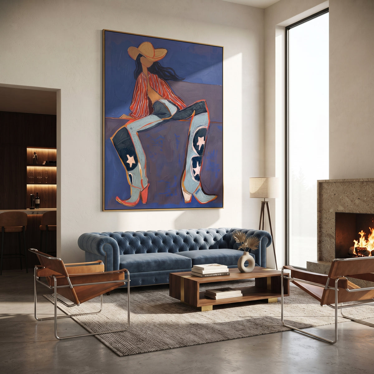 Star Boots Cowgirl Seat is written from the actual artwork image, focusing on a seated cowgirl with huge star boots and striped shirt on a deep blue chair. The composition is built from specific visible details: oversized boots with stars, seated pose, orange hat, striped shirt, and deep blue chair plane. The vertical composition keeps attention on oversized boots with stars, seated pose, orange hat, striped shirt, and deep blue chair plane, using open ground, cropped edges, and strong color