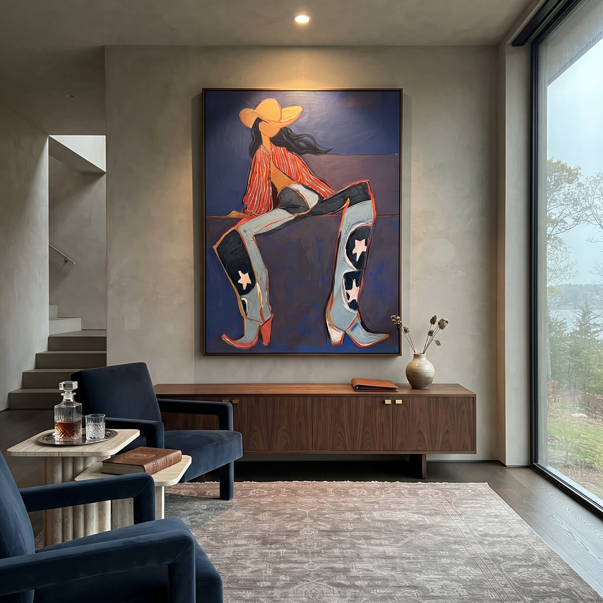 Star Boots Cowgirl Seat is written from the actual artwork image, focusing on a seated cowgirl with huge star boots and striped shirt on a deep blue chair. The composition is built from specific visible details: oversized boots with stars, seated pose, orange hat, striped shirt, and deep blue chair plane. The vertical composition keeps attention on oversized boots with stars, seated pose, orange hat, striped shirt, and deep blue chair plane, using open ground, cropped edges, and strong color