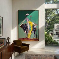 Green Bull Martini Rider is written from the actual artwork image, focusing on a cowgirl balancing on a black bull with martini glass against green. The composition is built from specific visible details: black bull, raised martini, yellow pants, green background, white hat, and rodeo-bar humor. The vertical composition keeps attention on black bull, raised martini, yellow pants, green background, white hat, and rodeo-bar humor, using open ground, cropped edges, and strong color blocks to make