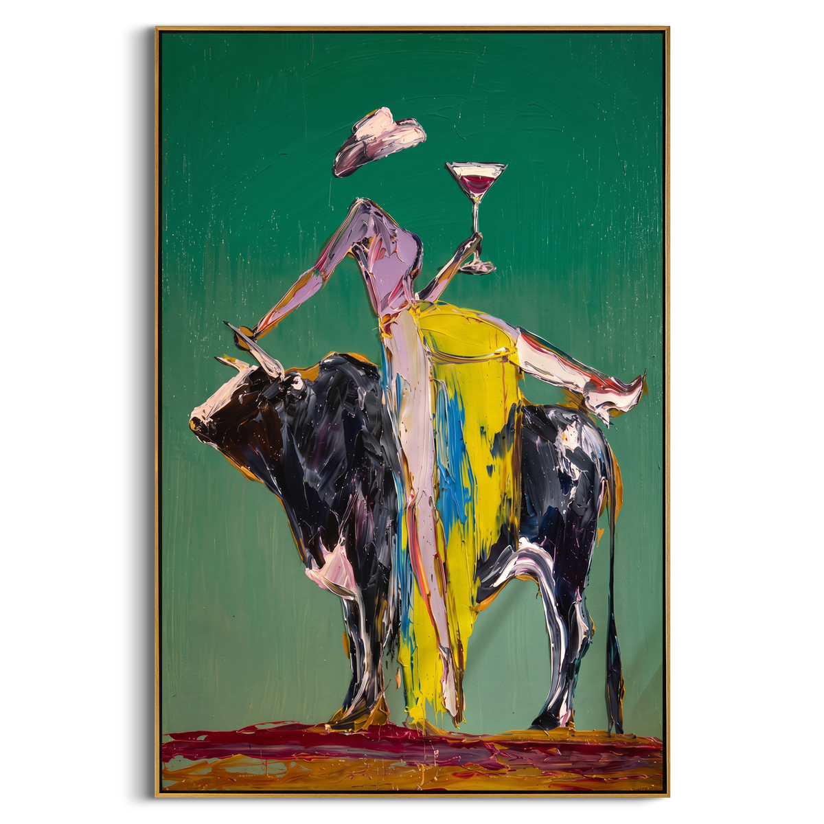 Green Bull Martini Rider is written from the actual artwork image, focusing on a cowgirl balancing on a black bull with martini glass against green. The composition is built from specific visible details: black bull, raised martini, yellow pants, green background, white hat, and rodeo-bar humor. The vertical composition keeps attention on black bull, raised martini, yellow pants, green background, white hat, and rodeo-bar humor, using open ground, cropped edges, and strong color blocks to make