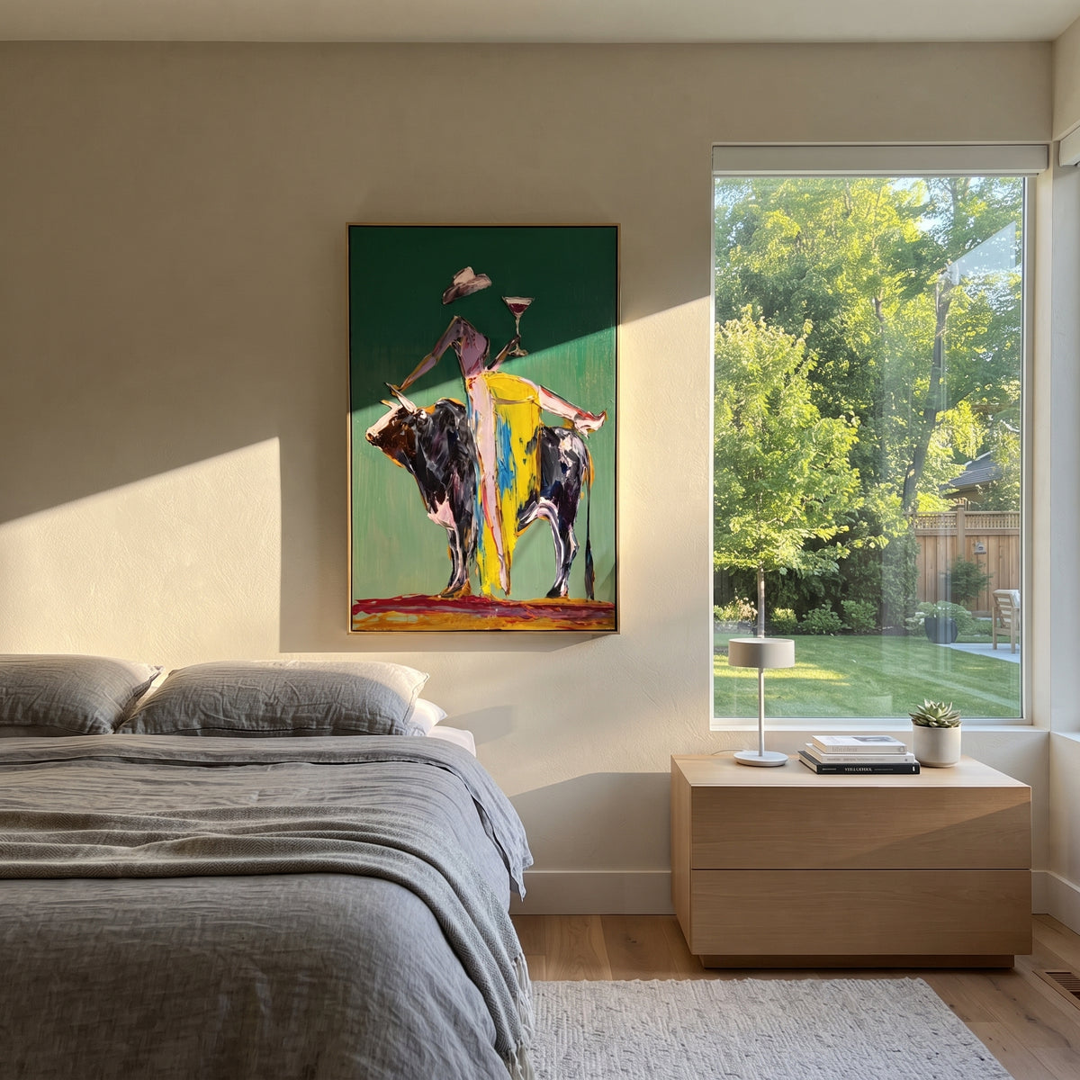 Green Bull Martini Rider is written from the actual artwork image, focusing on a cowgirl balancing on a black bull with martini glass against green. The composition is built from specific visible details: black bull, raised martini, yellow pants, green background, white hat, and rodeo-bar humor. The vertical composition keeps attention on black bull, raised martini, yellow pants, green background, white hat, and rodeo-bar humor, using open ground, cropped edges, and strong color blocks to make