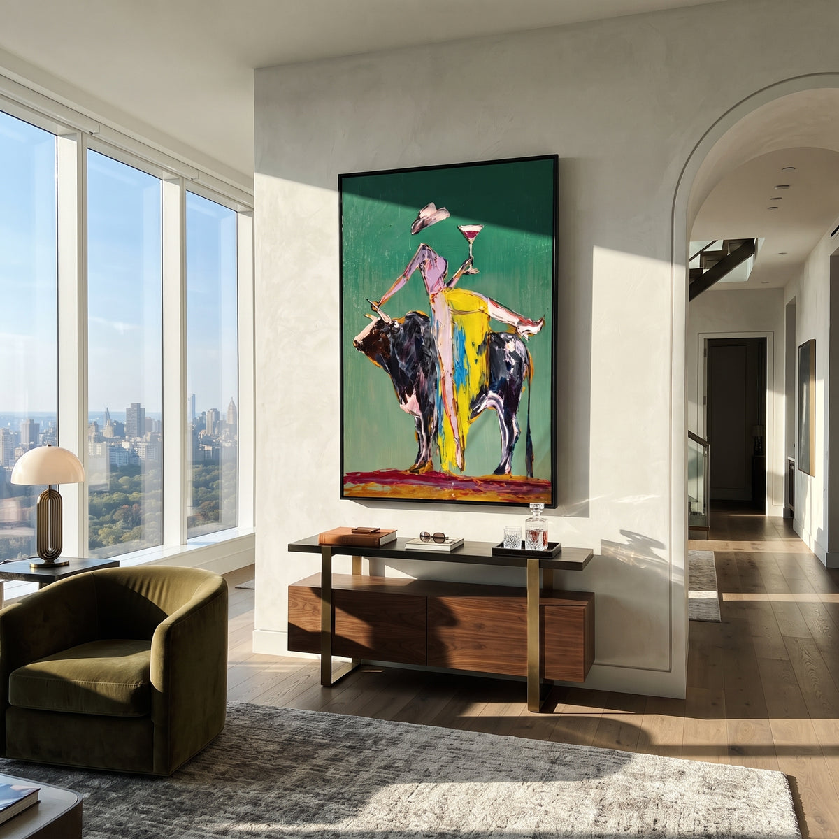 Green Bull Martini Rider is written from the actual artwork image, focusing on a cowgirl balancing on a black bull with martini glass against green. The composition is built from specific visible details: black bull, raised martini, yellow pants, green background, white hat, and rodeo-bar humor. The vertical composition keeps attention on black bull, raised martini, yellow pants, green background, white hat, and rodeo-bar humor, using open ground, cropped edges, and strong color blocks to make