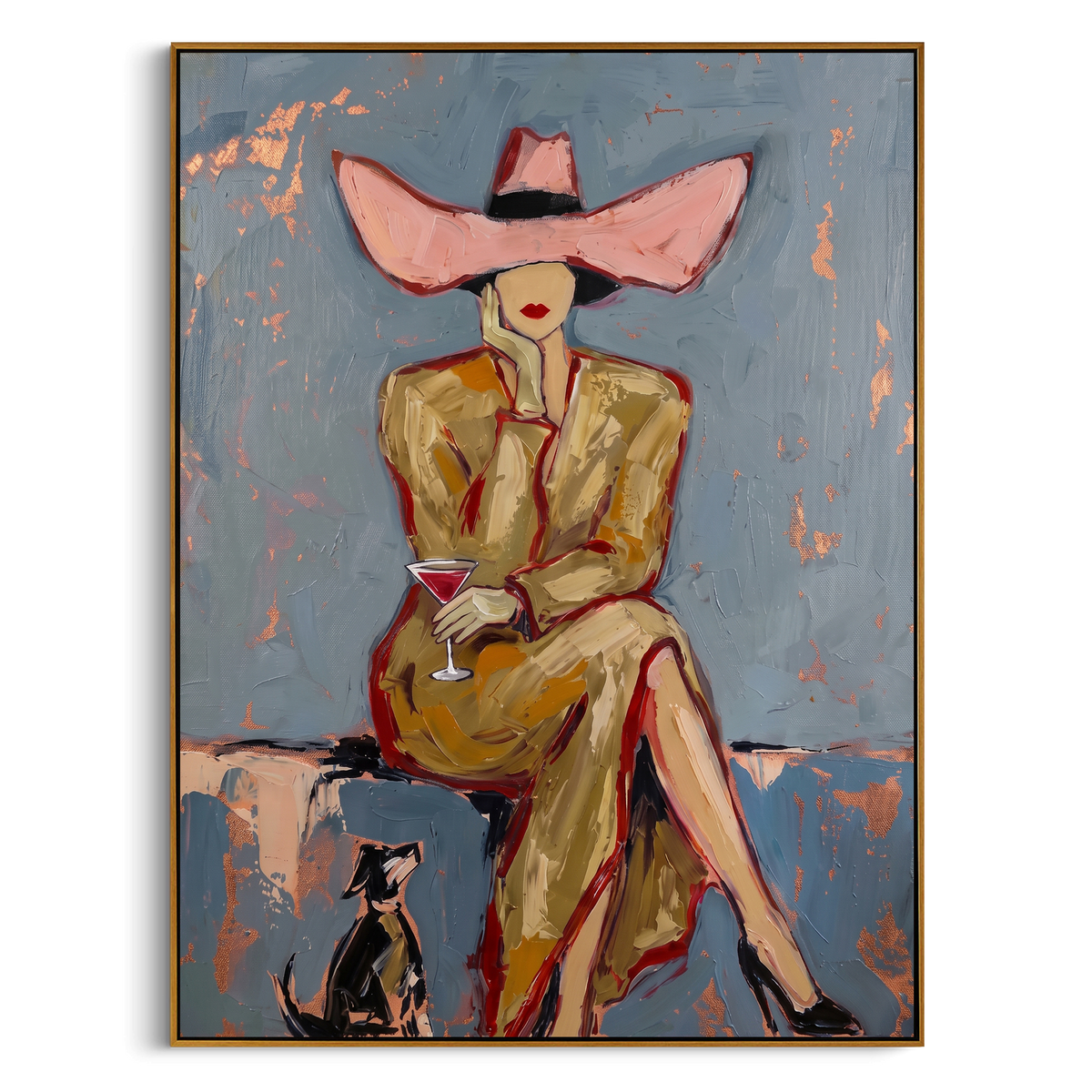Pink Hat Dog Cowgirl is written from the actual artwork image, focusing on a seated pink-hat cowgirl with small black dog on a pale blue chair setting. The composition is built from specific visible details: large pink hat, small black dog, tan coat, pale blue chair, crossed legs, and quiet portrait pose. The vertical composition keeps attention on large pink hat, small black dog, tan coat, pale blue chair, crossed legs, and quiet portrait pose, using open ground, cropped edges, and strong color